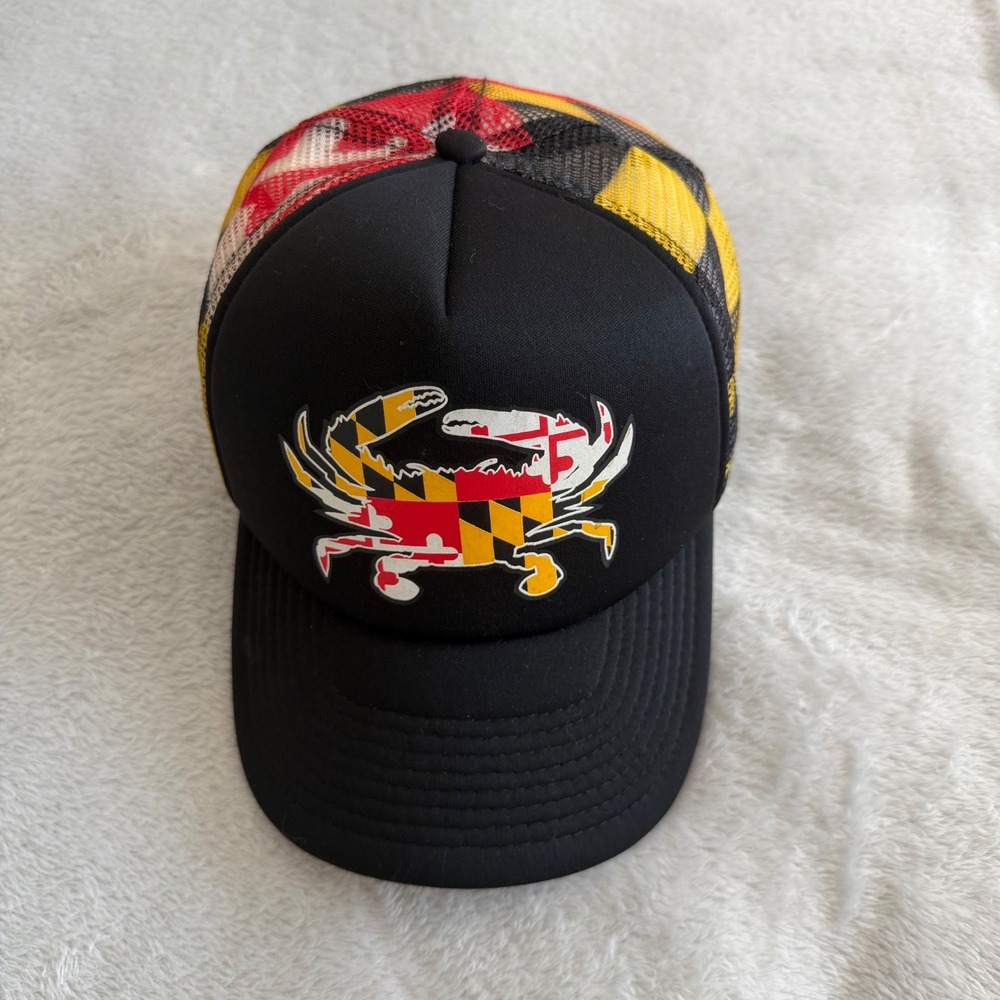 Maryland My Maryland Trucker Hat Mens OSFM Black Flag Crab Mesh Snapback Cap